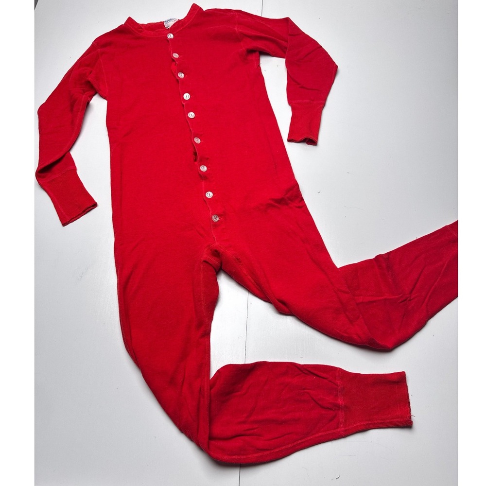 Vintage Duofold Red Two Layer Fabric Union Suit Thermal Long Johns Mens Medium